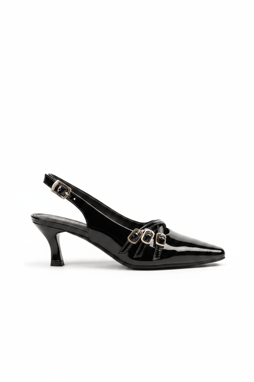 Tacones Negro Charol 14058 Hebilla Slingback Tacón Bajo Punta Fina de mujer CalzaFlex Costa Rica - Calzado 365