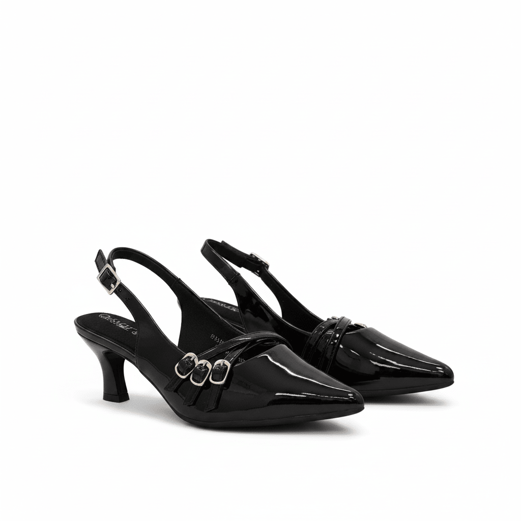 Tacones Negro Charol 14058 Hebilla Slingback Tacón Bajo Punta Fina de mujer CalzaFlex Costa Rica - Calzado 365