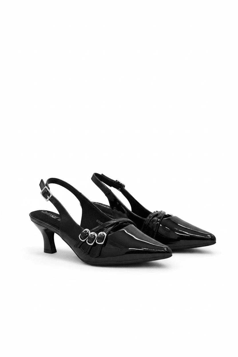 Tacones Negro Charol 14058 Hebilla Slingback Tacón Bajo Punta Fina de mujer CalzaFlex Costa Rica - Calzado 365